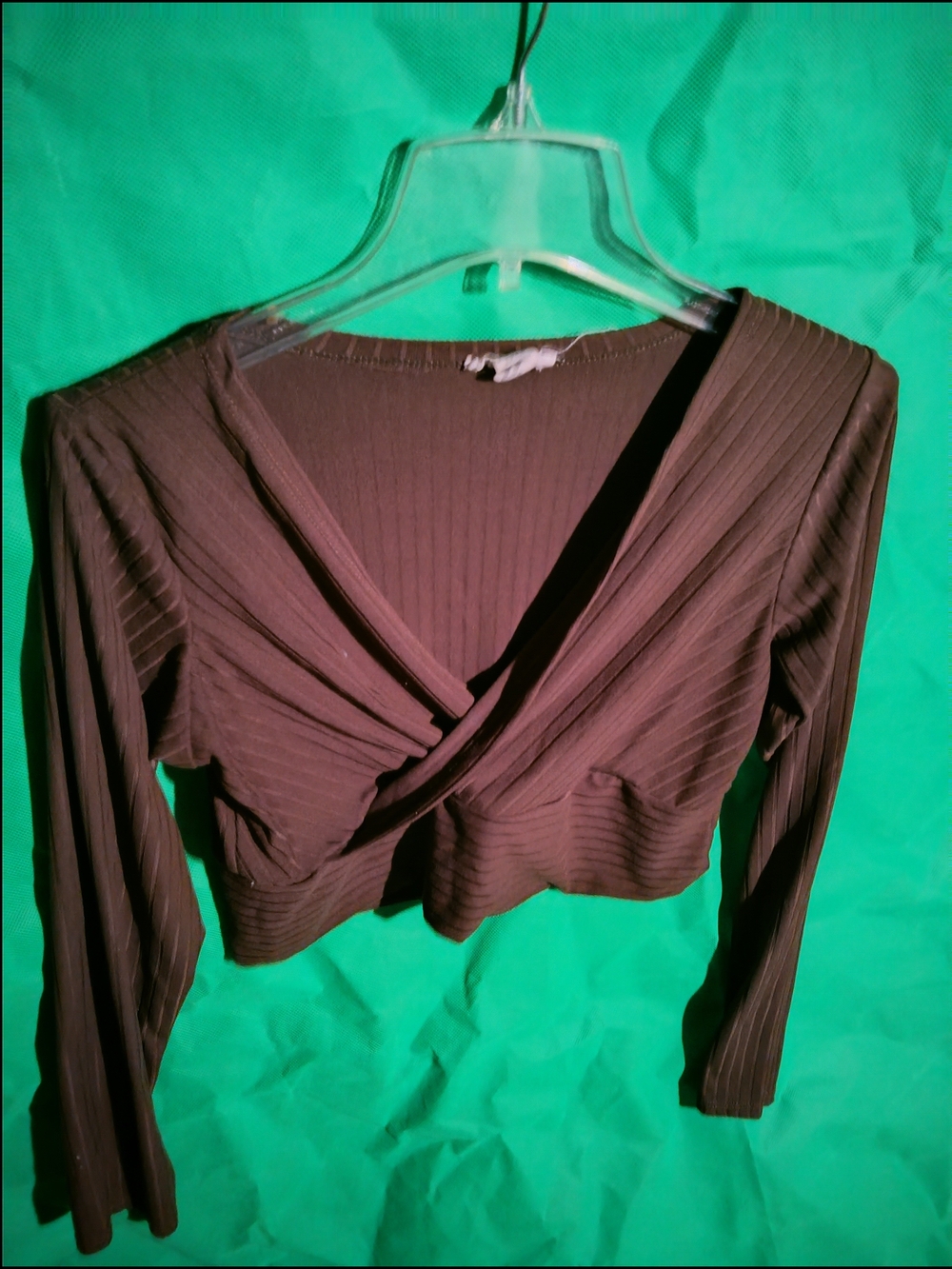 Ribbed Wrap Long-Sleeve Crop Top - Brown